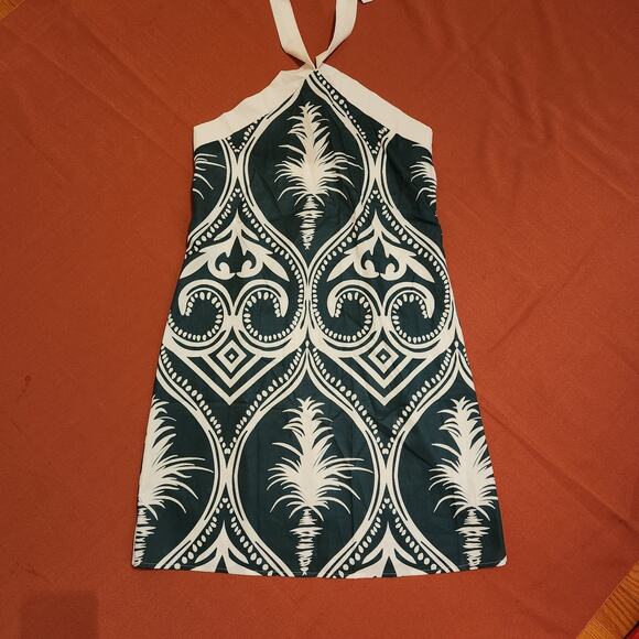 Women’s Green & White Sleeveless Halter Midi Sheath Dress Hawaiian Roman Summer - Picture 9 of 9